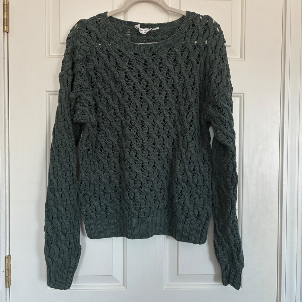 Vintage Hand Knit Weathervane Cable Knit Sweater Women Size L Forest Green Fairy